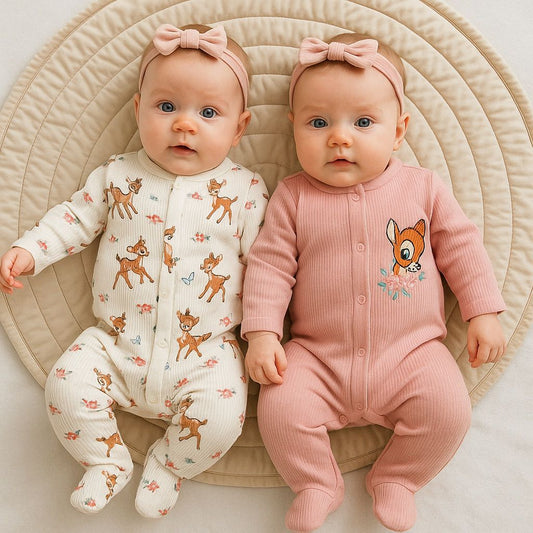 Baby Deer Romper - Footed Sleepsuit with Floral Print