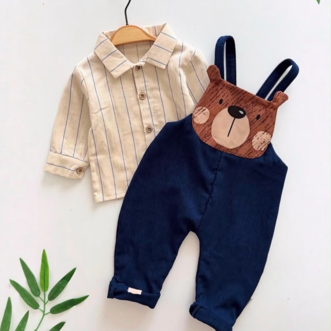 Navy blue Bear Face Dungaree Set flat lay