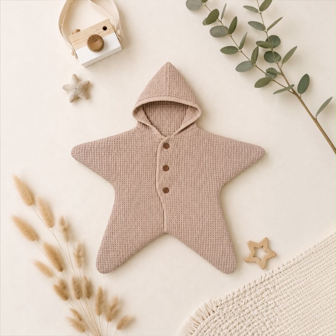 Beige Star Waffle Hooded Romper flat lay with botanicals