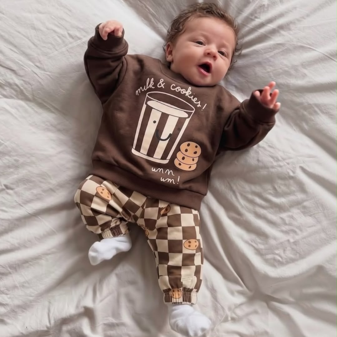 Baby wearing brown Milk and Cookies sweatshirt and cookie-print checkered trousers
