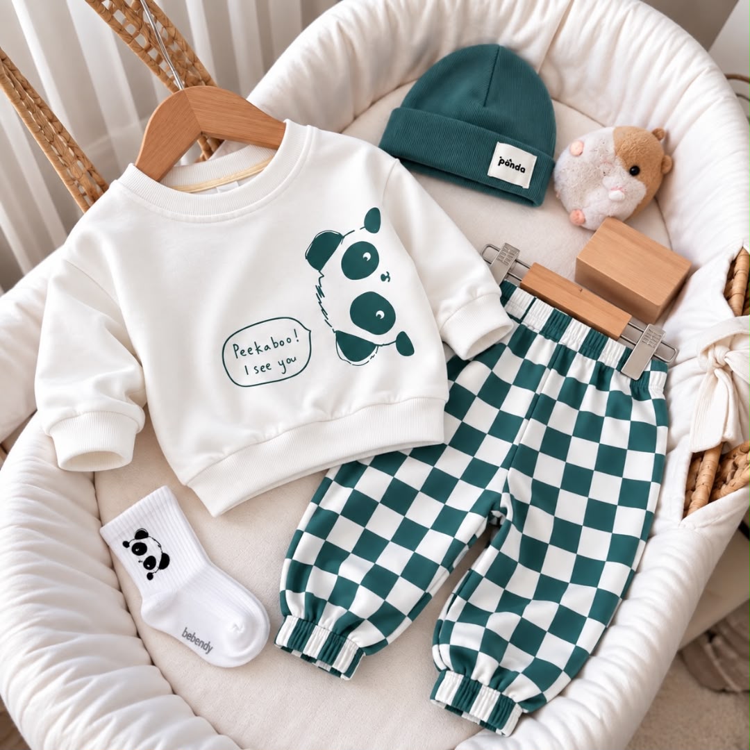 Cream panda sweatshirt and green checkered baby joggers with green beanie