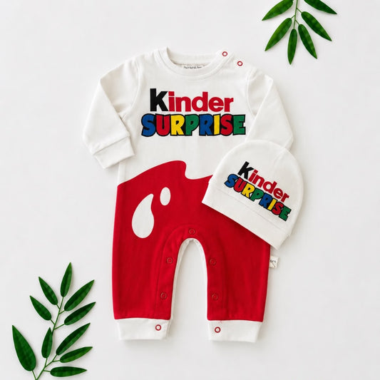 Baby Colourful Print Red & White Colour-Block Romper & Hat Set flat lay with tropical leaves