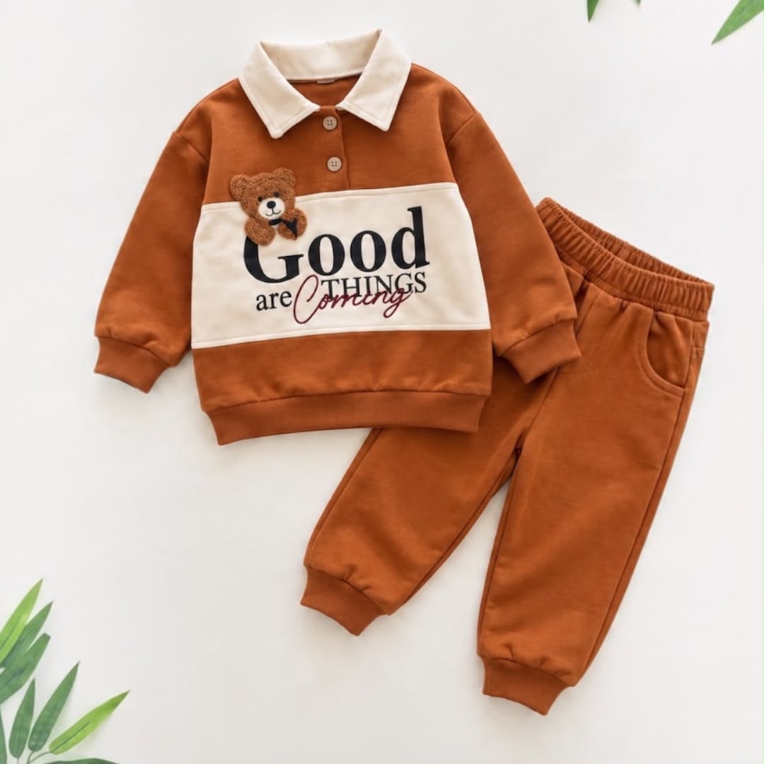 Rust-brown teddy bear baby collared sweatshirt with cream slogan panel and matching joggers