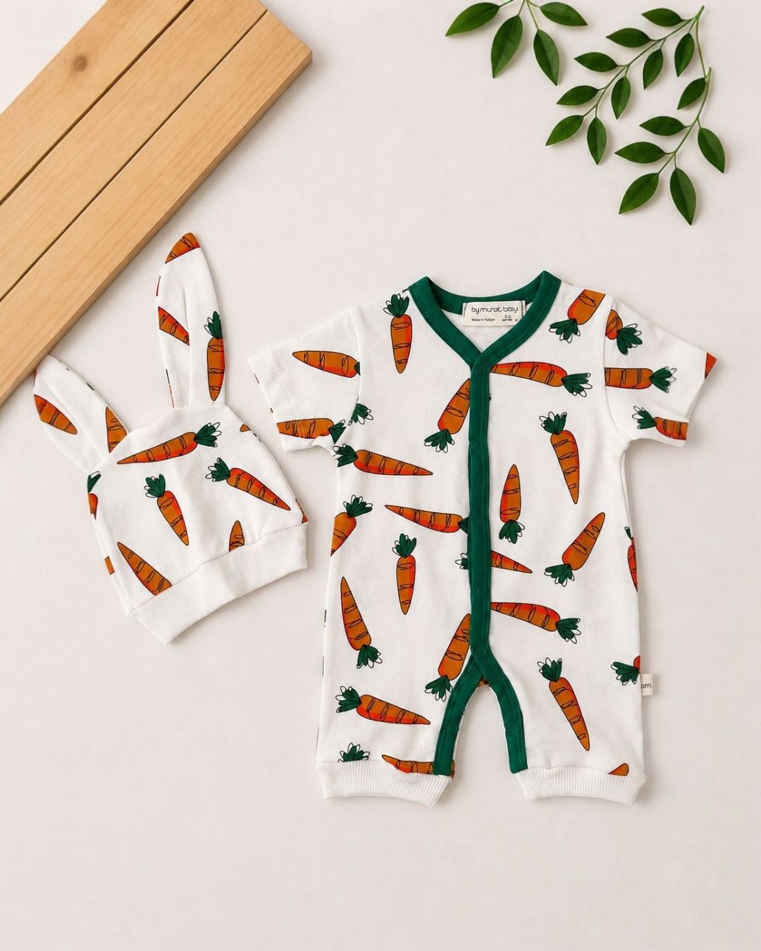 Carrot Print Baby Romper Set with Bunny Ear Hat | Short Sleeve