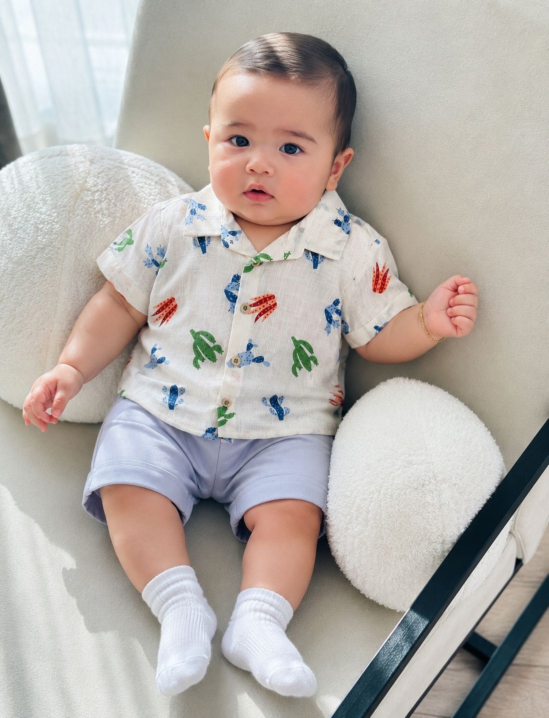 Baby Cactus Print Muslin Shirt & Blue Shorts Set