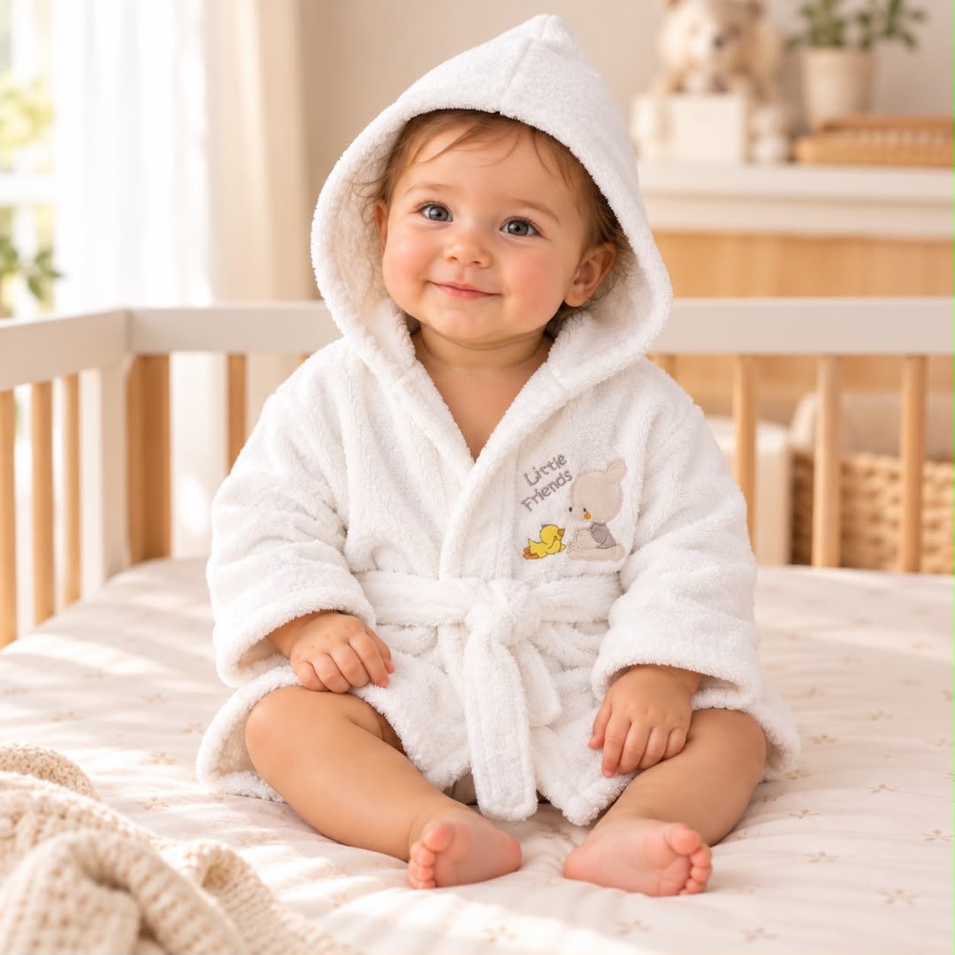 Toddler wearing white Little Friends hooded bathrobe