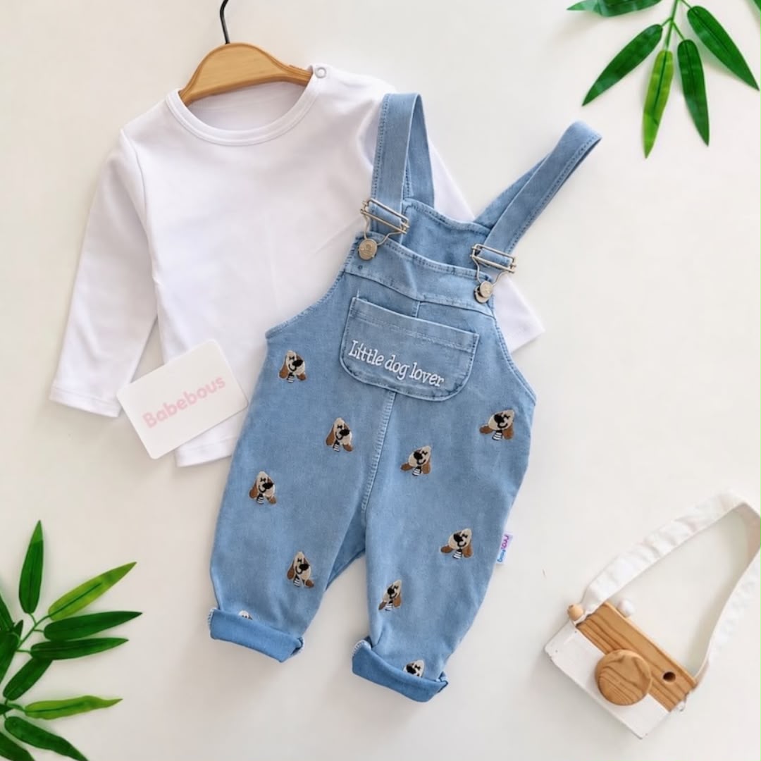 Little Dog Lover Denim Dungaree Set flat lay with white tee