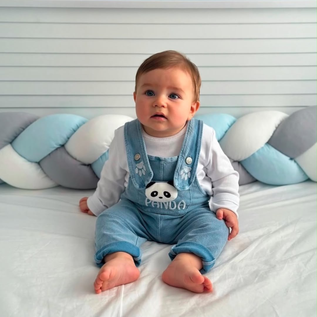Baby boy wearing Panda Denim Dungaree Set looking at camera