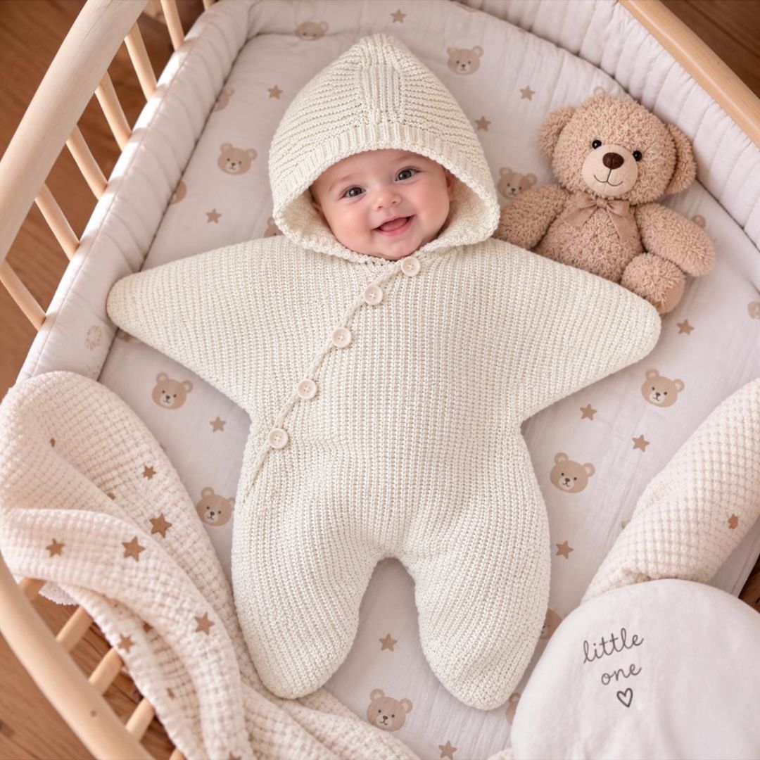 Baby Star Knit Romper - Ecru on baby