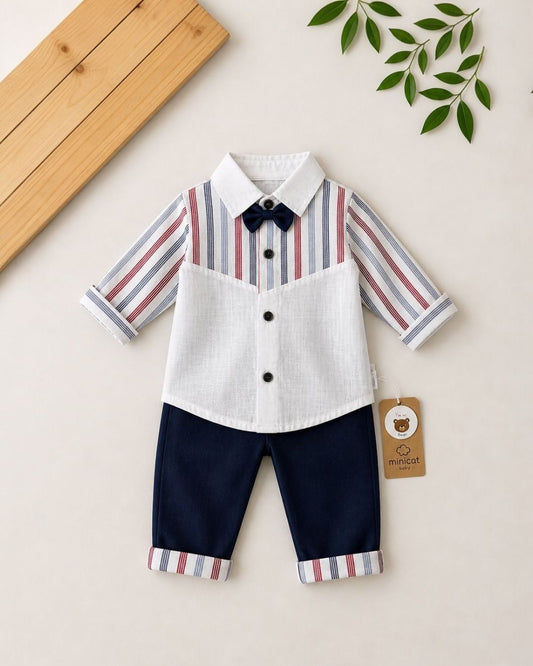 Striped Bow Tie Baby Smart Two-Piece Set | Shirt and Navy Trousers