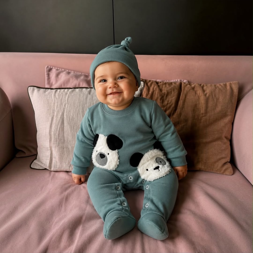 Baby wearing Panda Footed Romper & Knotted Hat Set sitting on sofa smiling
