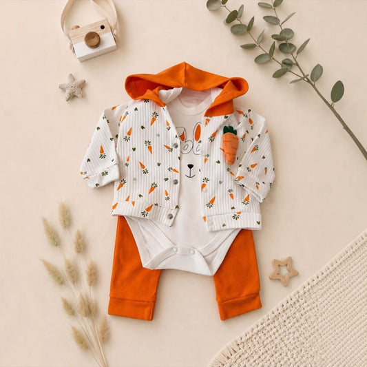 Baby Bunny Carrot Print 3-Piece Set flat lay with botanicals