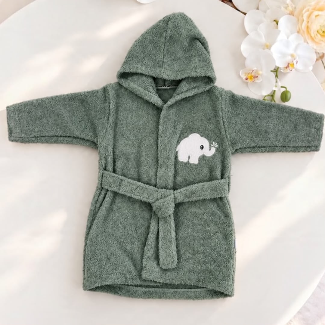 Sage green toddler hooded bathrobe with white elephant motif and matching tie belt