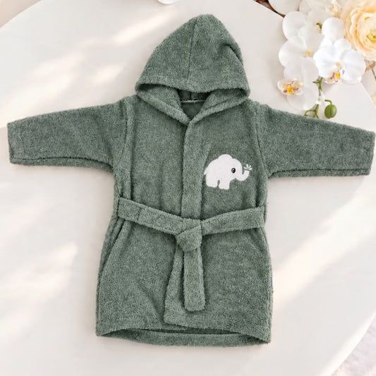 Sage green toddler hooded bathrobe with white elephant motif and matching tie belt
