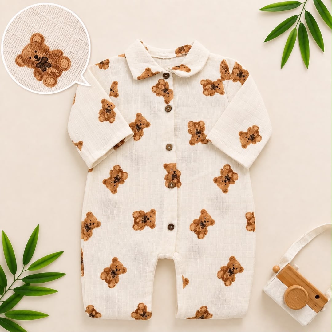 Baby Muslin Romper Teddy Bear Print flat lay with wooden toy