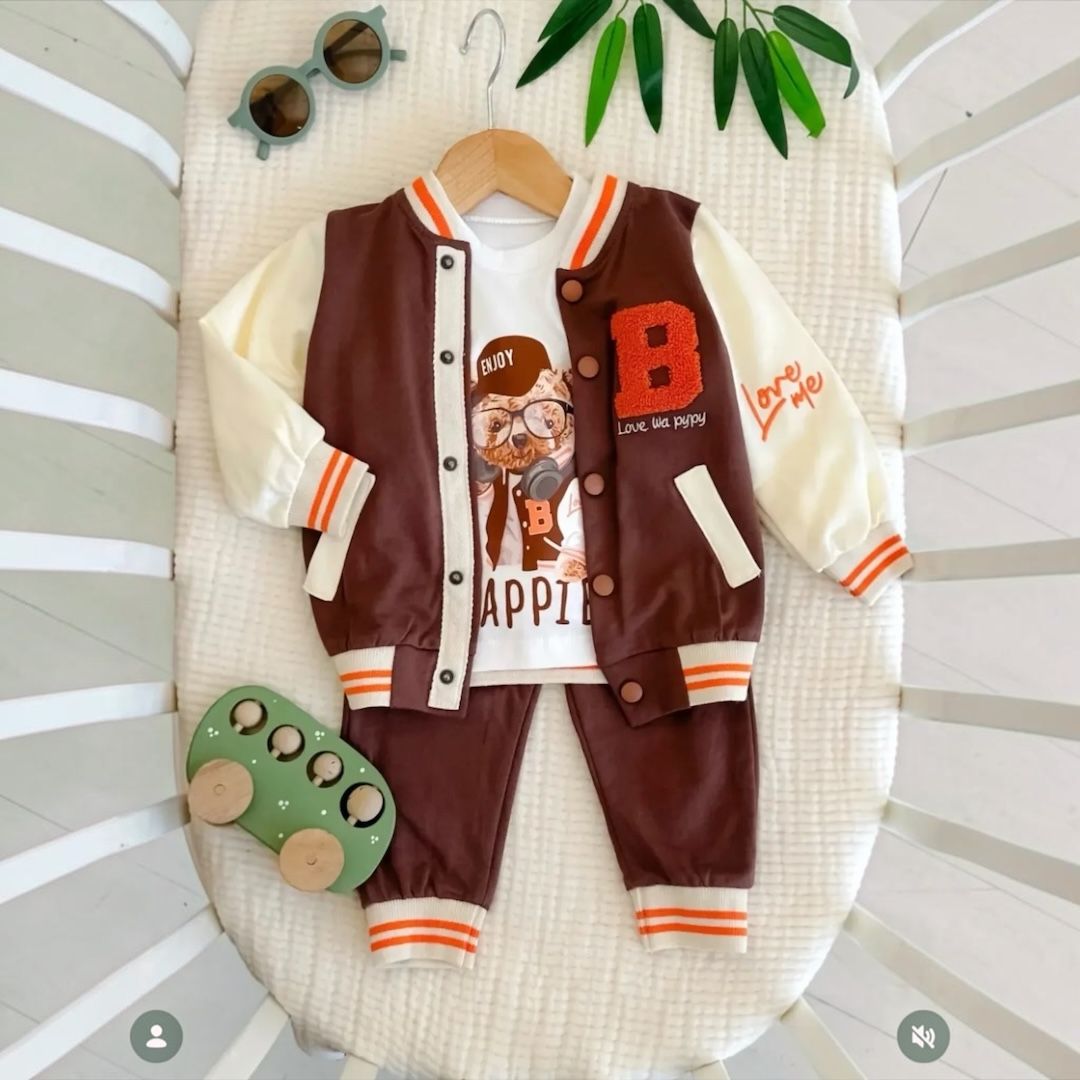 Varsity bear baby set in chocolate brown - flat lay