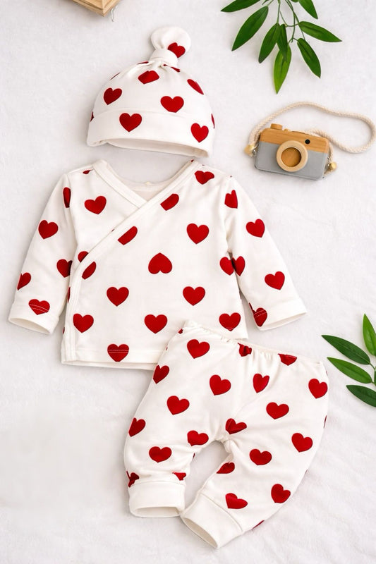Red Heart Newborn Set - 3 Piece Kimono Outfit with Hat