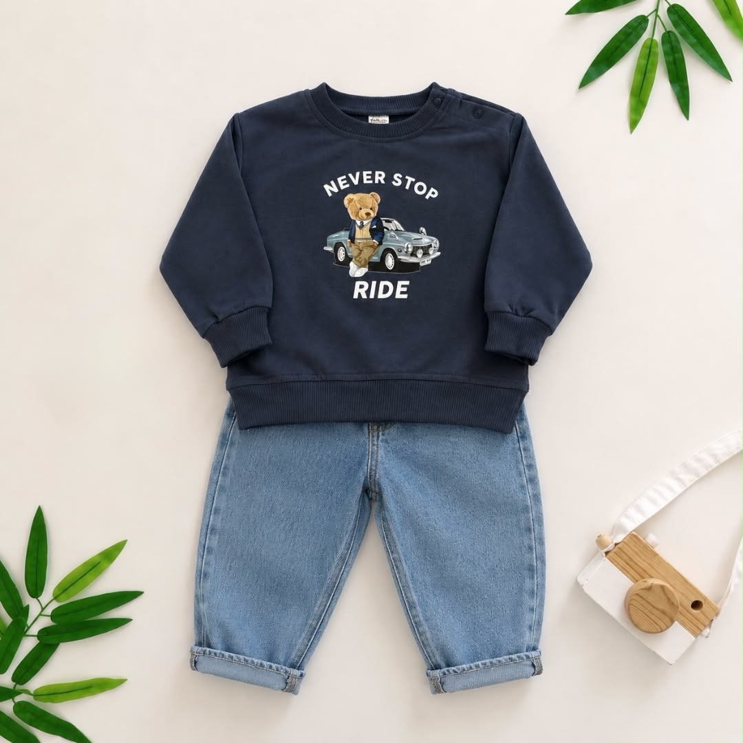 Baby Bear Never Stop Ride Navy Sweatshirt & Denim Set - flat lay