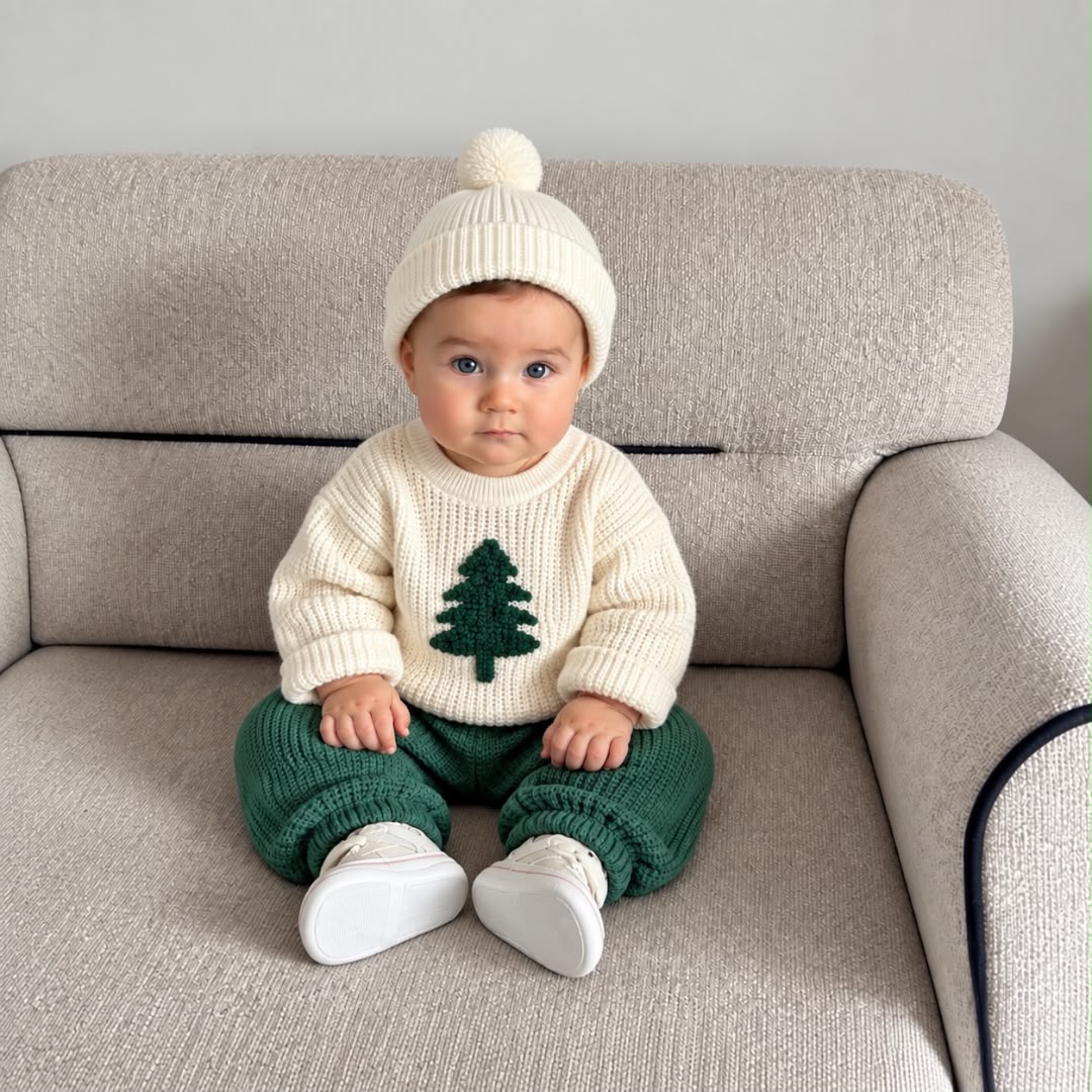 Baby wearing a cream Christmas tree jumper, green knit trousers and white pom-pom hat