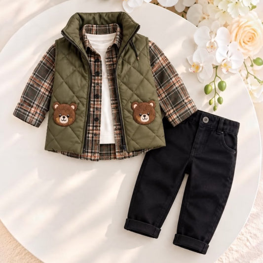 Olive quilted baby vest with teddy bear details plaid shirt and dark trousers