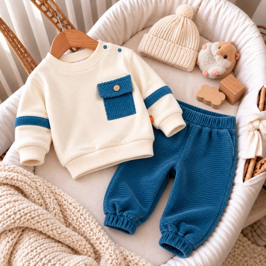 Cream baby sweatshirt with blue pocket and matching blue textured joggers laid flat