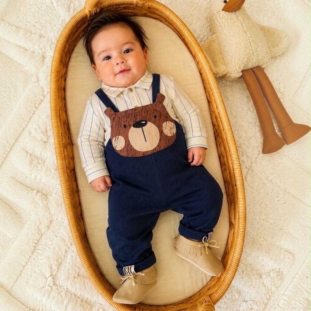 Baby wearing navy blue Bear Face Dungaree Set in basket