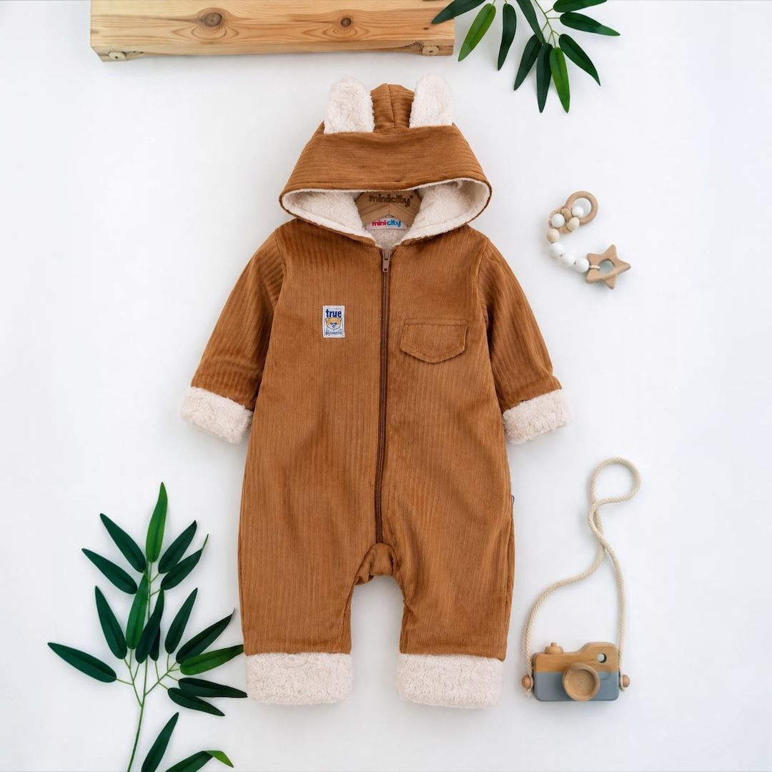 Bear ears hooded baby romper in caramel brown - flat lay