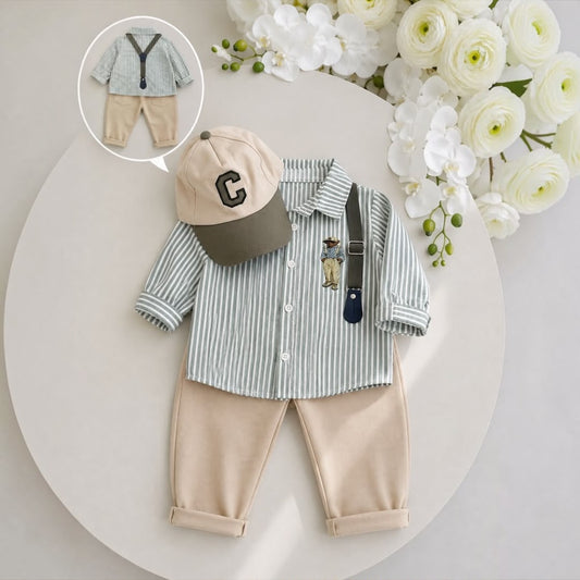 Bear Stripe Green Set – flat lay with cap