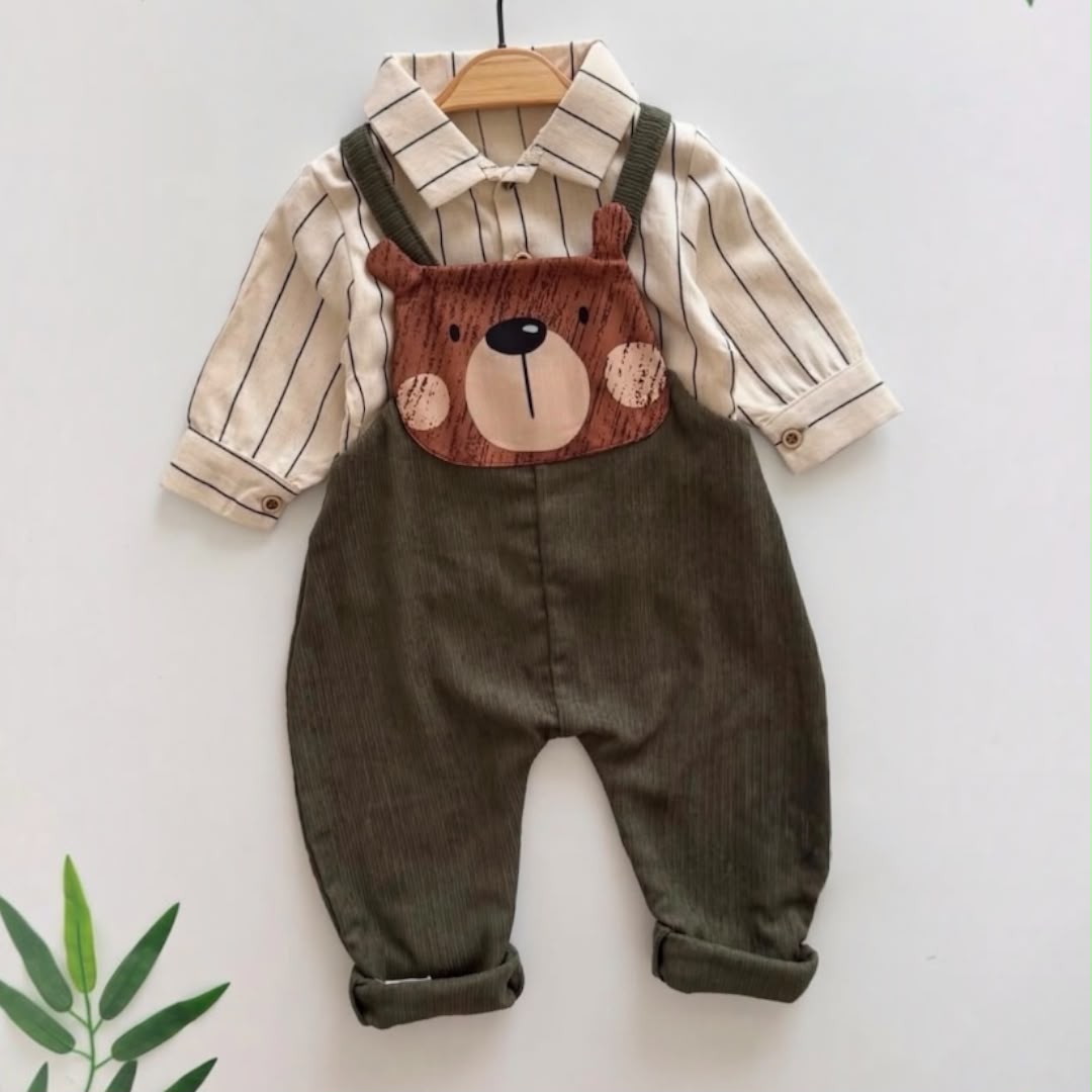 Olive green Bear Face Dungaree Set flat lay