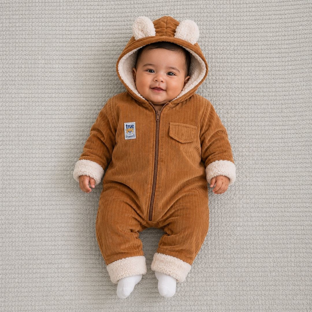 Baby wearing caramel bear ears hooded corduroy romper