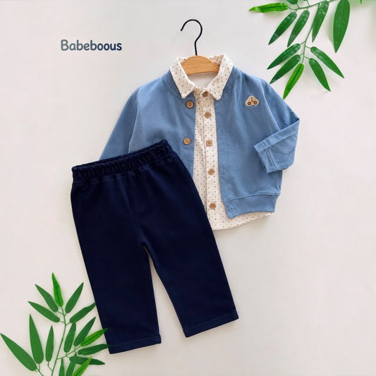 Blue cardigan polka dot shirt & navy pants set flat lay on hanger