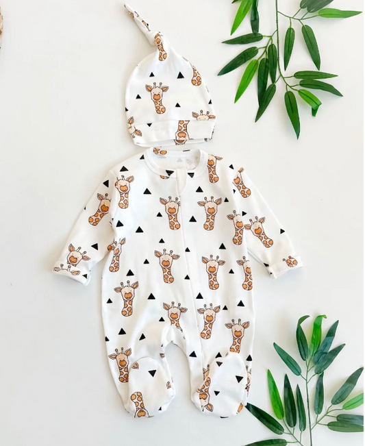Baby Giraffe Print Romper with Hat - White